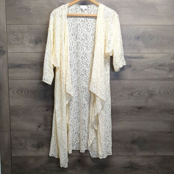 LuLaRoe Ivory Lace Short Sleeve Open Front Long Cardigan Size Large - Picture 1 of 6